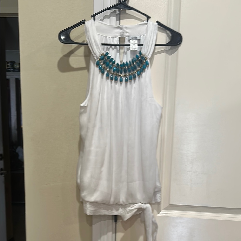 Cache White Tank Top with Blue Beaded Neckline gorgeous blouse.